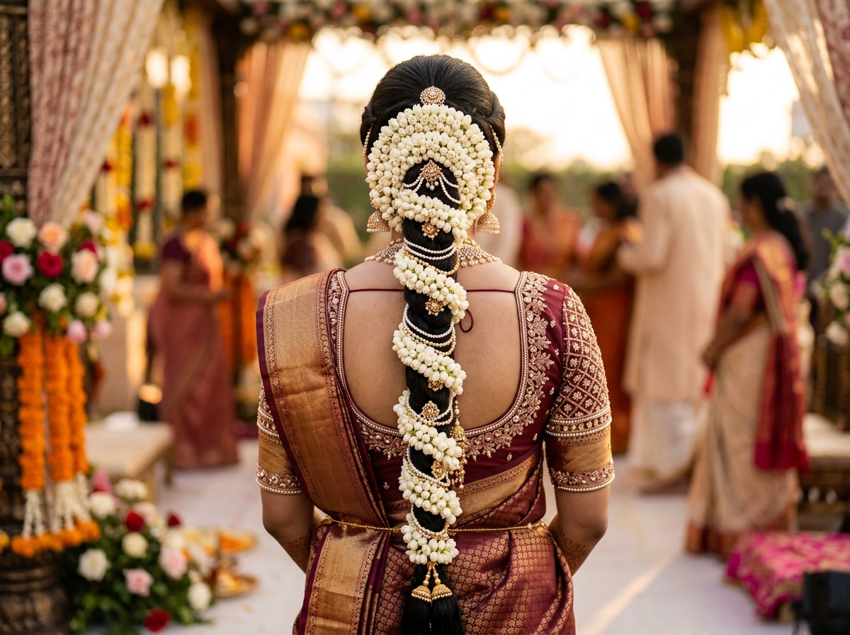 Traditional bridal floral braid with fresh jasmine gajra