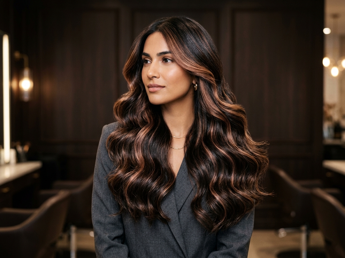 Dimensional hair coloring with caramel tones